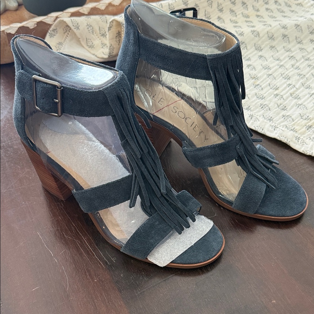 Sole Society Blue Fringe Heeled Sandals